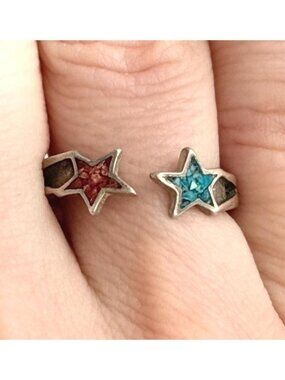 Turquoise & Coral Chip Inlay Star Southwest Sterling Silver 925 Vintage Ring - 7